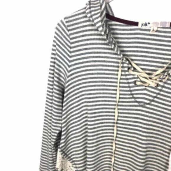 JOLT | Women's Grey & Cream Long Sleeves Pop-Over Style Stripe Hoodie Size Large - Picture 2 of 8